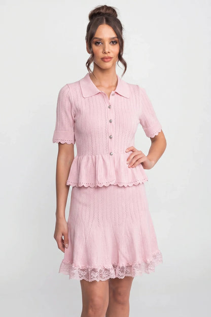 Peter Pan Collar Knit Top & Skirt Set | Women | Lace Hem | Button Front | Pink | Steven & Levon
