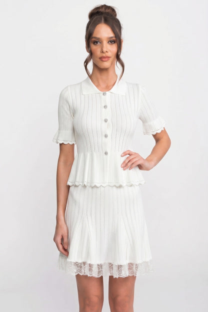 Peter Pan Collar Knit Top & Skirt Set | Women | Lace Hem | Button Front | White | Steven & Levon