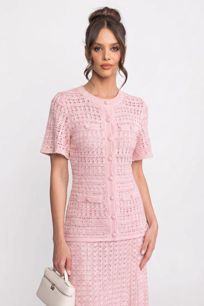 Short Sleeve Midi Dress | Women | Shimmer Knit Texture | Pink | Lightweight Elegant Dress | Steven & Levon