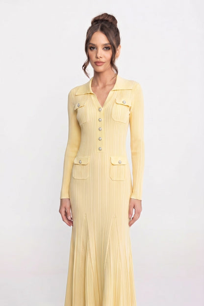 Button Front Knit Maxi Dress | Women's Long Sleeve Knit Dress | Patch Pockets | Yellow | Steven & Levon
