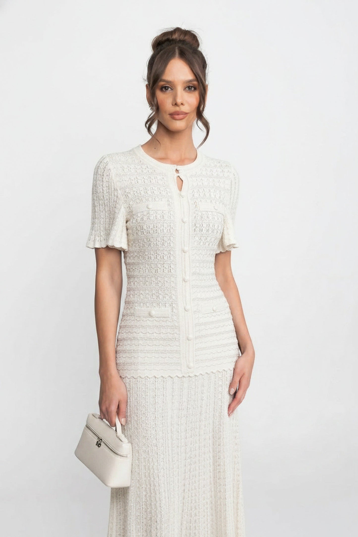 Short Sleeve Midi Dress | Women | Shimmer Knit Texture | White | Lightweight Elegant Dress | Steven & Levon