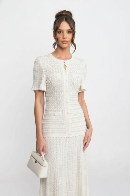 Short Sleeve Midi Dress | Women | Shimmer Knit Texture | White | Lightweight Elegant Dress | Steven & Levon
