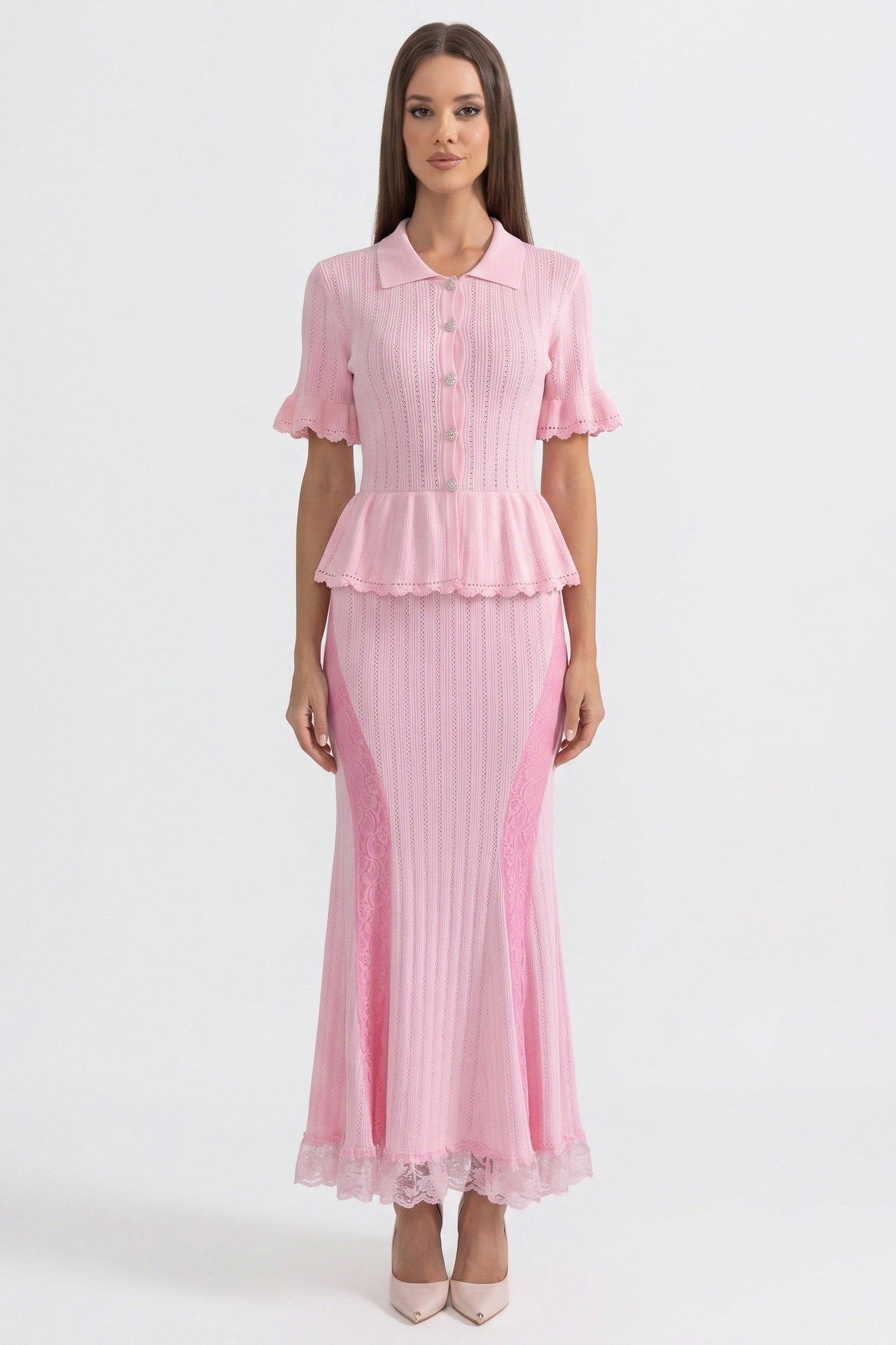 Peter Pan Collar Knit Maxi Dress | Women's Peplum Knit Dress | Lace Hem | Pink | Long Sleeve Elegant Dress | Steven & Levon