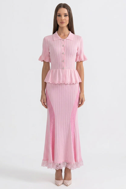 Peter Pan Collar Knit Maxi Dress | Women's Peplum Knit Dress | Lace Hem | Pink | Long Sleeve Elegant Dress | Steven & Levon