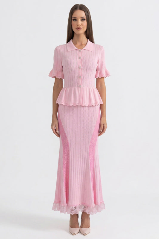 Peter Pan Collar Knit Maxi Dress | Women's Peplum Knit Dress | Lace Hem | Pink | Long Sleeve Elegant Dress | Steven & Levon
