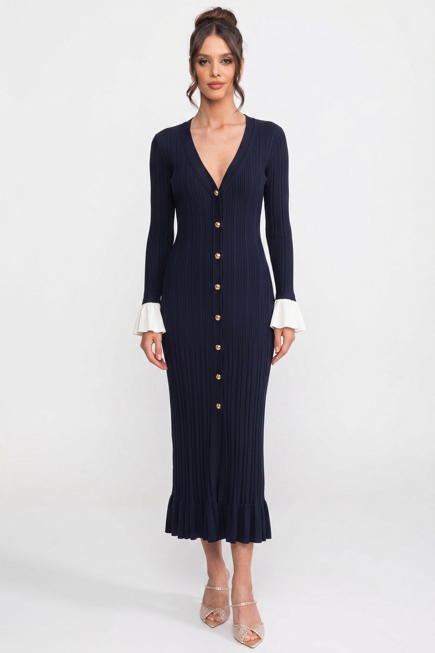 Long Sleeve Knit Maxi Dress | Women | Button Front | Pleated | Contrast Cuffs | Navy | Steven & Levon