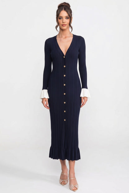 Long Sleeve Knit Maxi Dress | Women | Button Front | Pleated | Contrast Cuffs | Navy | Steven & Levon
