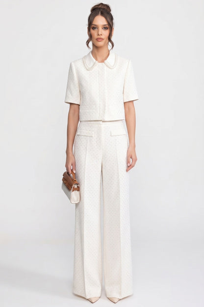 Wide Leg Tweed Trousers | Women | Embellished Texture | Patch Pockets | Ivoire | Steven & Levon