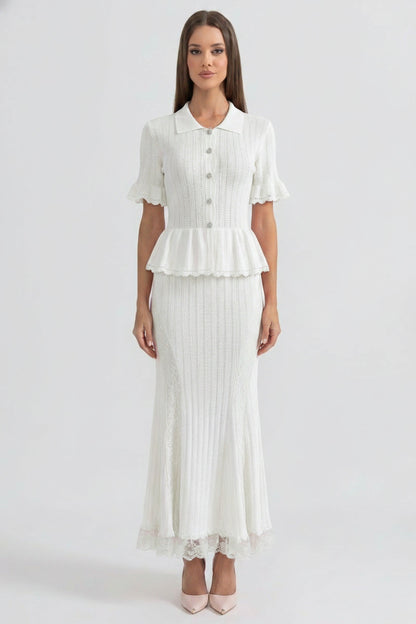 Peter Pan Collar Knit Maxi Dress | Women's Peplum Knit Dress | Lace Hem | White | Steven & Levon