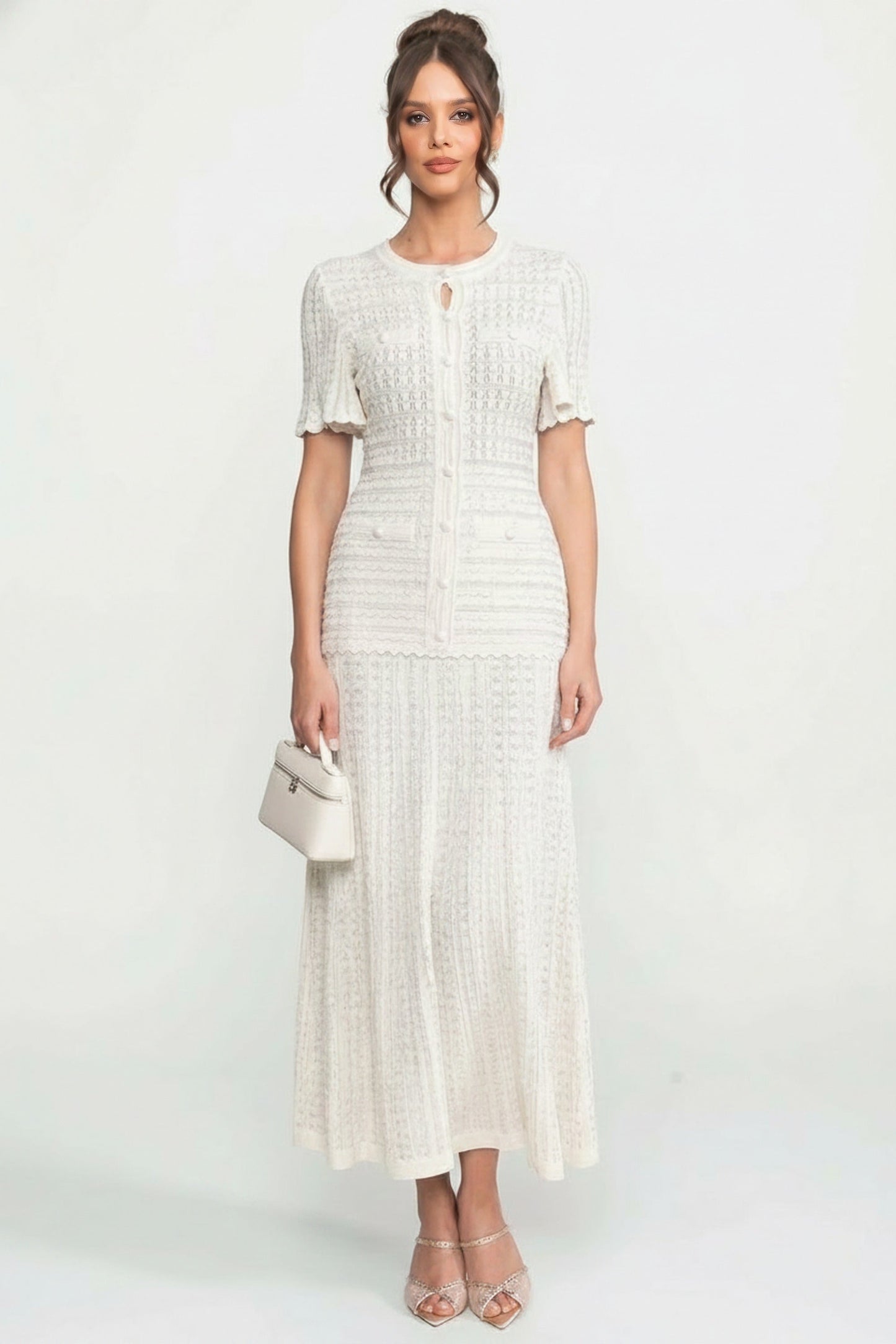 Short Sleeve Midi Dress | Women | Shimmer Knit Texture | White | Lightweight Elegant Dress | Steven & Levon