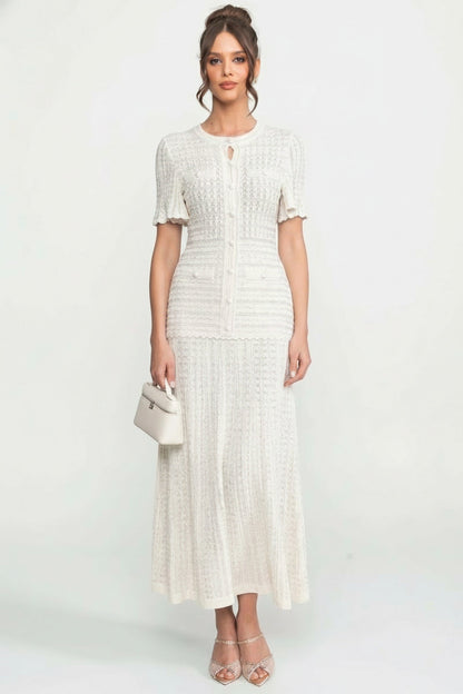 Short Sleeve Midi Dress | Women | Shimmer Knit Texture | White | Lightweight Elegant Dress | Steven & Levon