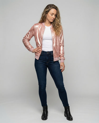 Shiny Bomber Jacket | Women | Zip Front | Lightweight Outerwear | Steven & Levon