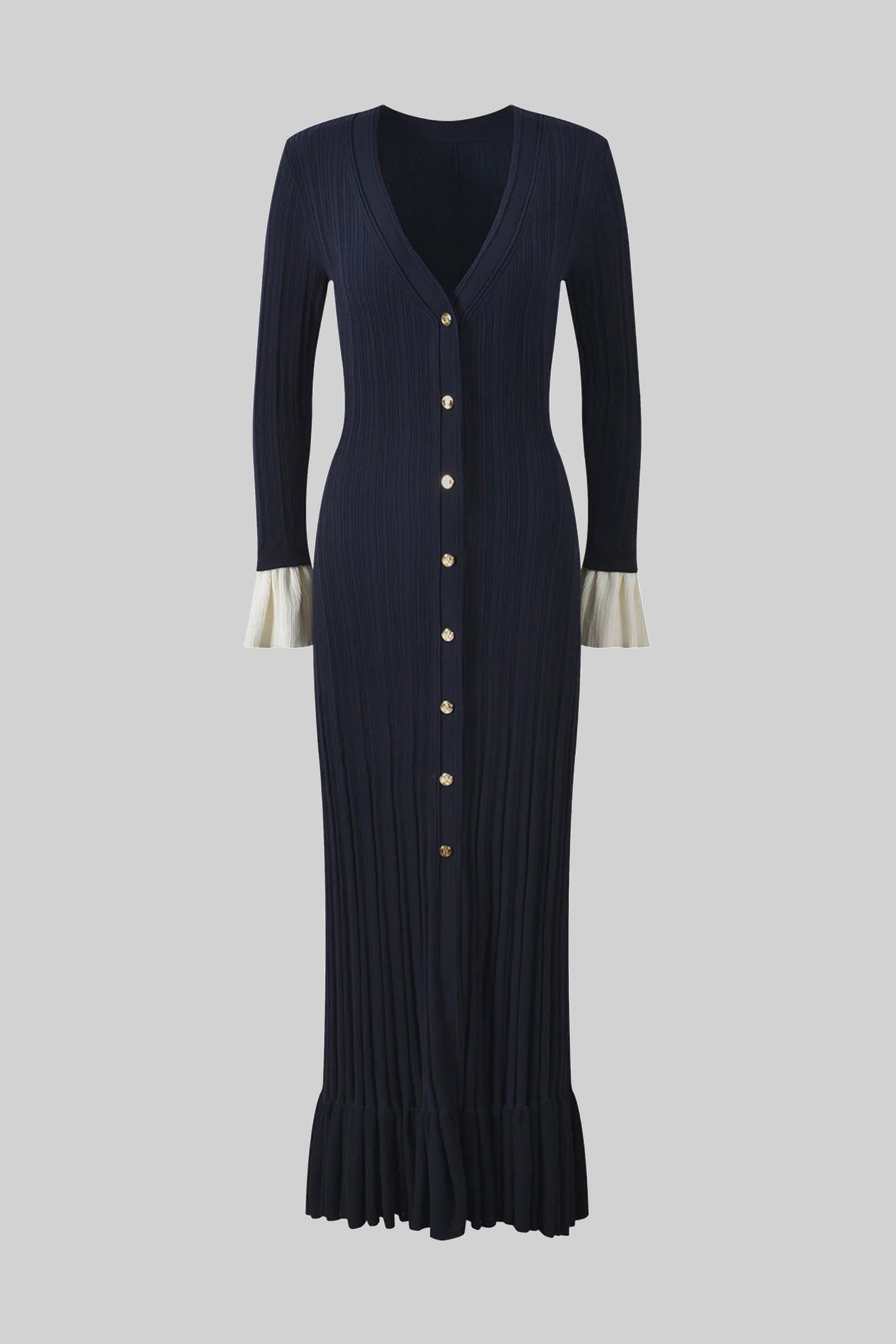 Long Sleeve Knit Maxi Dress | Women | Button Front | Pleated | Contrast Cuffs | Navy | Steven & Levon