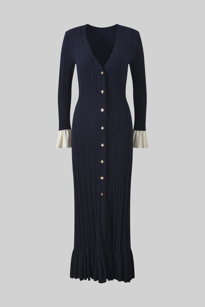 Long Sleeve Knit Maxi Dress | Women | Button Front | Pleated | Contrast Cuffs | Navy | Steven & Levon