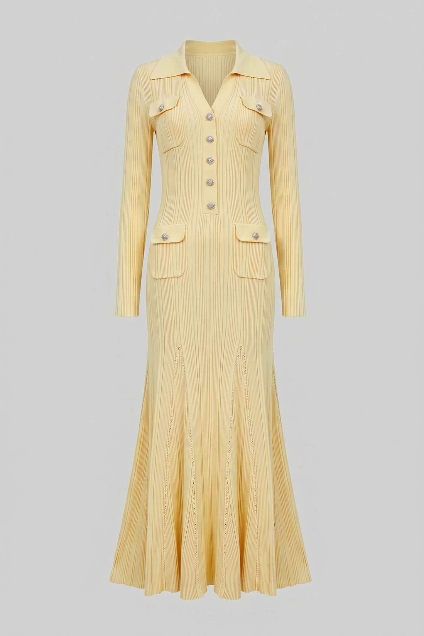Button Front Knit Maxi Dress | Women's Long Sleeve Knit Dress | Patch Pockets | Yellow | Steven & Levon