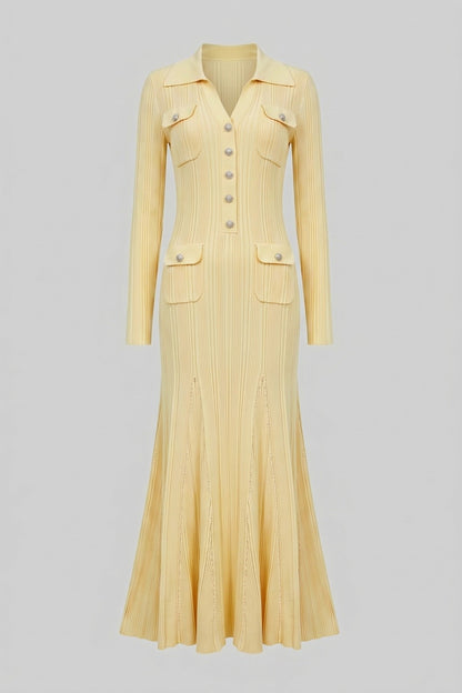 Button Front Knit Maxi Dress | Women's Long Sleeve Knit Dress | Patch Pockets | Yellow | Steven & Levon