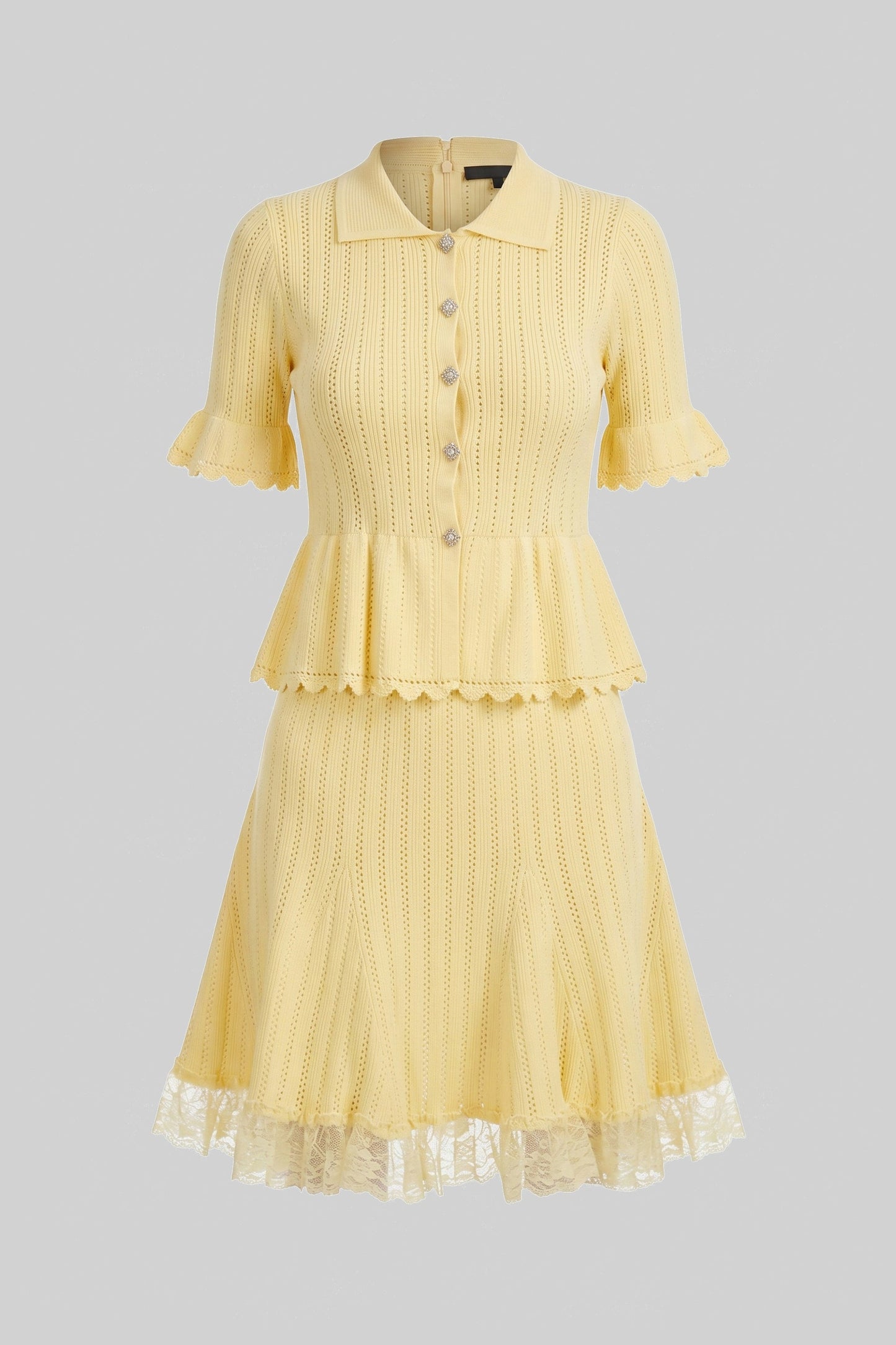 Peter Pan Collar Knit Mini Dress | Women's Peplum Knit Dress | Lace Hem | Yellow | Steven & Levon