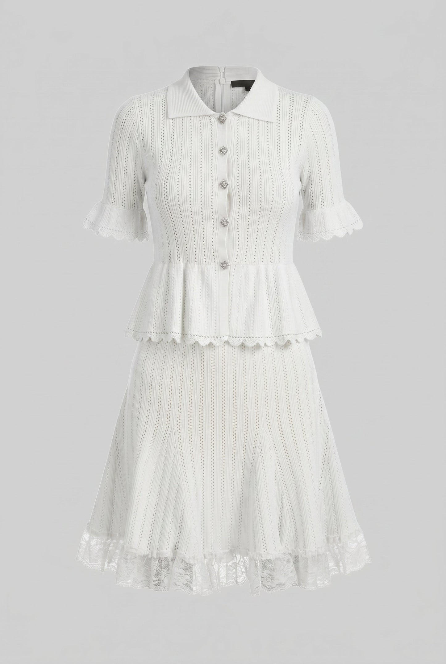 Peter Pan Collar Knit Top & Skirt Set | Women | Lace Hem | Button Front | White | Steven & Levon