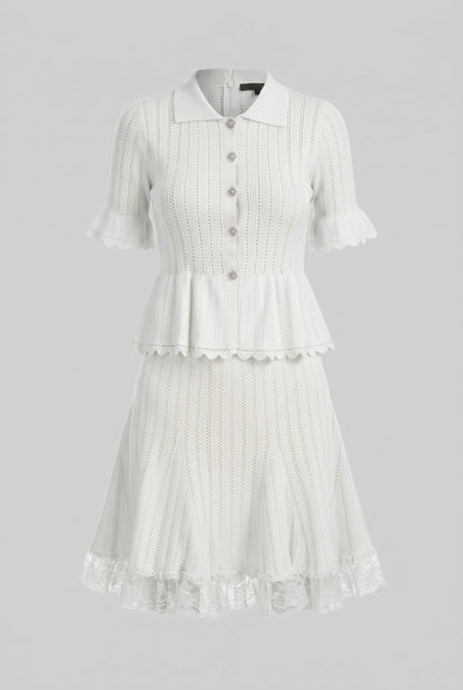 Peter Pan Collar Knit Top & Skirt Set | Women | Lace Hem | Button Front | White | Steven & Levon