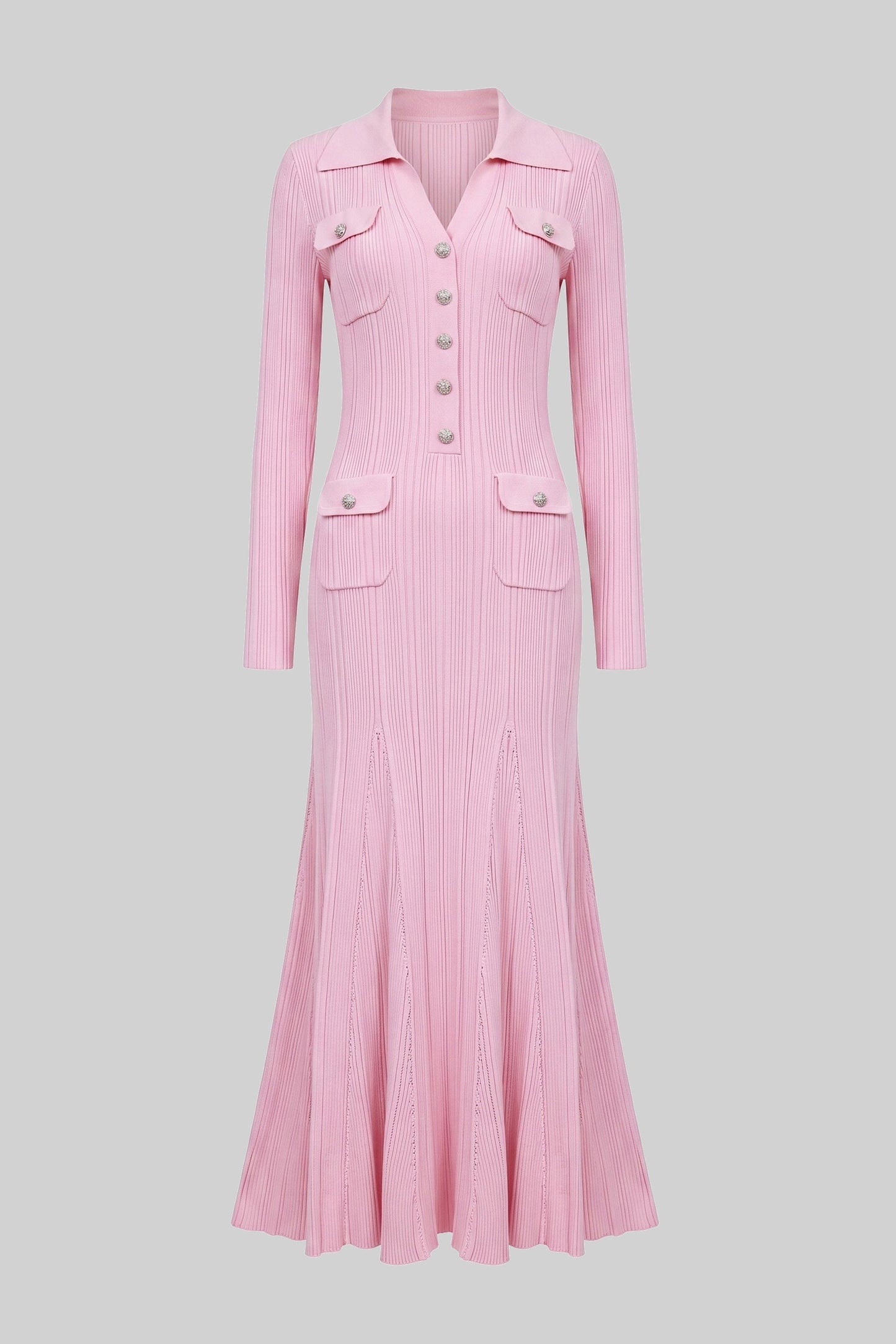 Button Front Knit Maxi Dress | Women's Long Sleeve Knit Dress | Patch Pockets | Pink | Steven & Levon