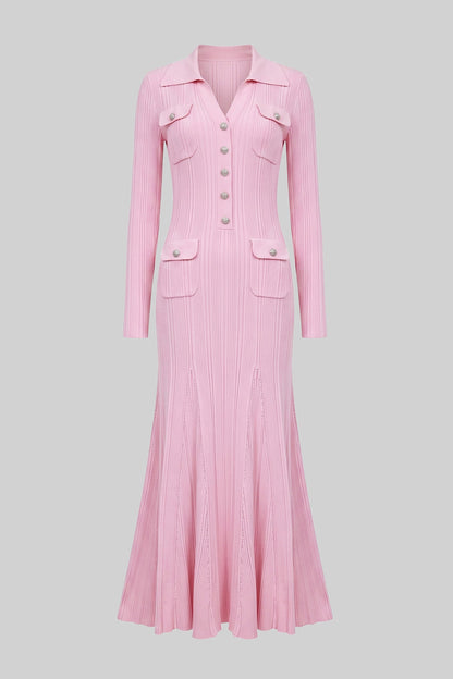 Button Front Knit Maxi Dress | Women's Long Sleeve Knit Dress | Patch Pockets | Pink | Steven & Levon
