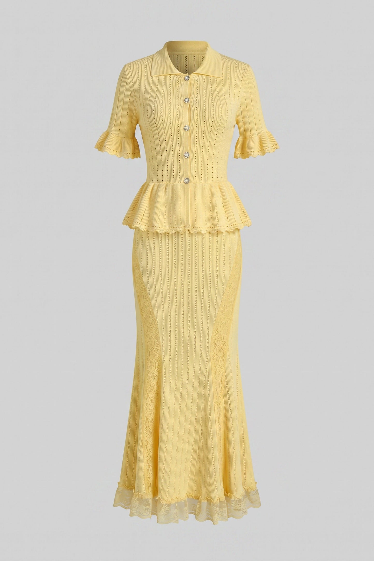 Peter Pan Collar Knit Maxi Dress | Women's Peplum Knit Dress | Lace Hem | Yellow | Steven & Levon