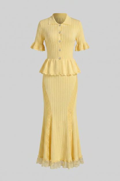 Peter Pan Collar Knit Maxi Dress | Women's Peplum Knit Dress | Lace Hem | Yellow | Steven & Levon