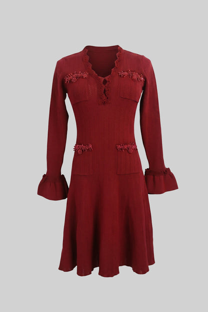 V-Neck Knit Midi Dress | Women's Long Sleeve Knit Dress | Ruffle Hem | Bow Cuffs | Burgundy | Steven & Levon