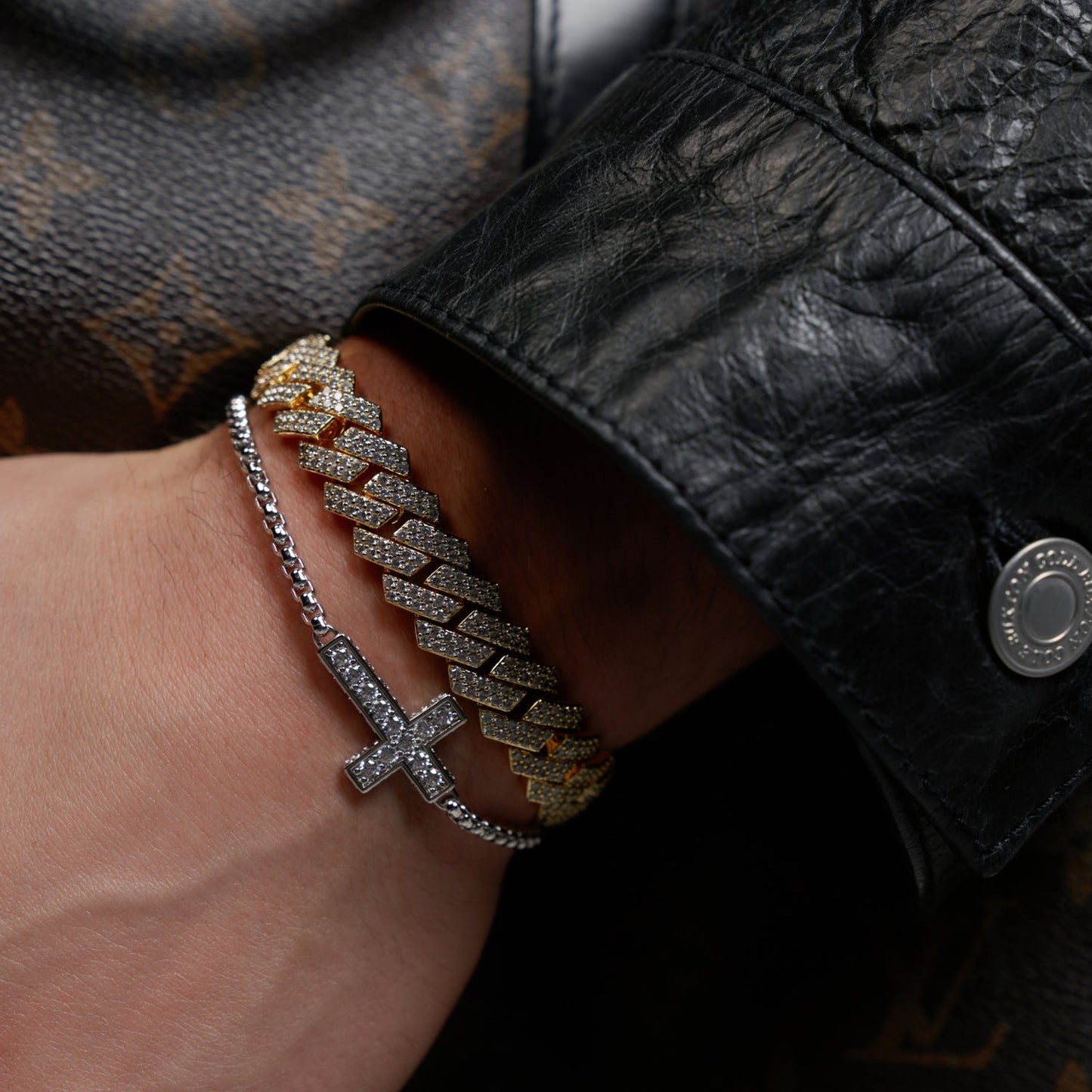 Iced Cross Bracelet | Men | Stainless Steel | Silver | Crystal Cross Design | Steven & Levon