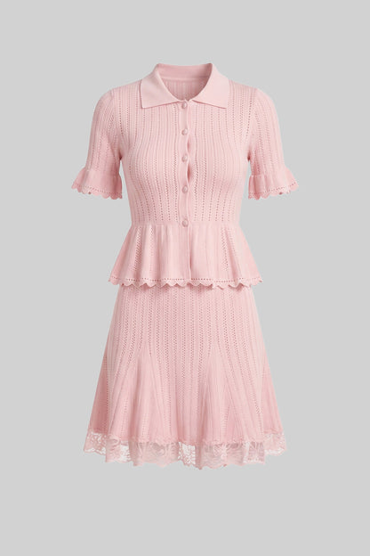 Peter Pan Collar Knit Top & Skirt Set | Women | Lace Hem | Button Front | Pink | Steven & Levon