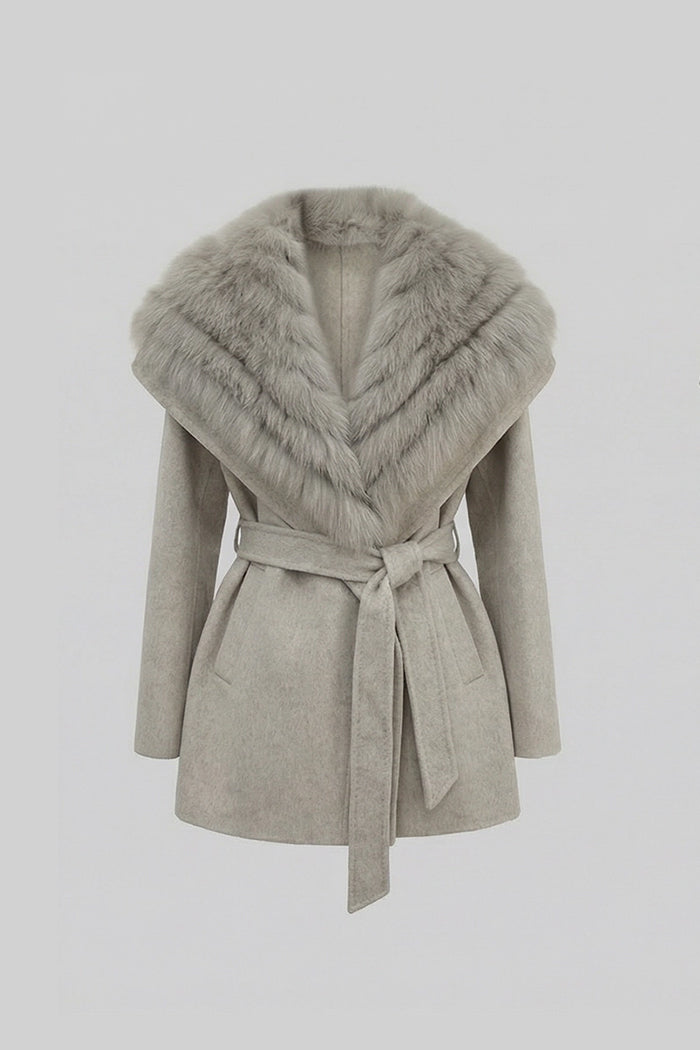 Women's Wool Coat | Oversized Fur Collar | Belted Beige Winter Overcoat | Steven & Levon
