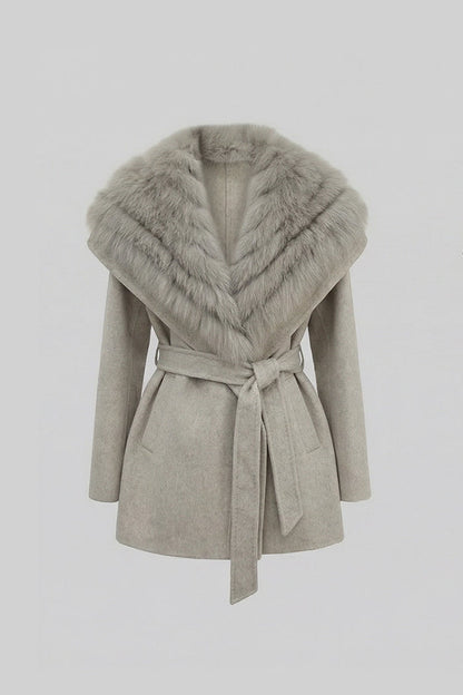 Women's Wool Coat | Oversized Fur Collar | Belted Beige Winter Overcoat | Steven & Levon