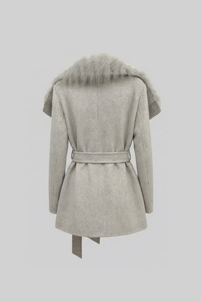 Women's Wool Coat | Oversized Fur Collar | Belted Beige Winter Overcoat | Steven & Levon