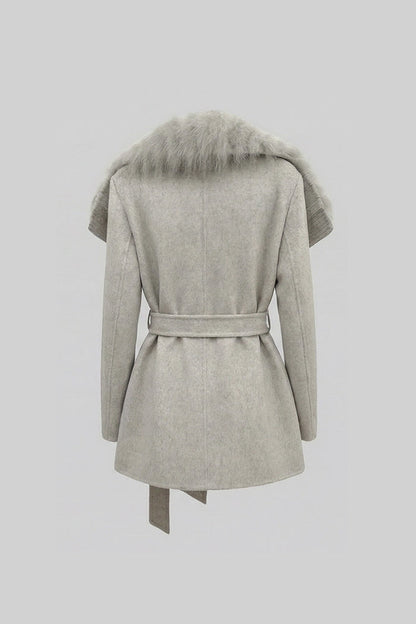 Women's Wool Coat | Oversized Fur Collar | Belted Beige Winter Overcoat | Steven & Levon