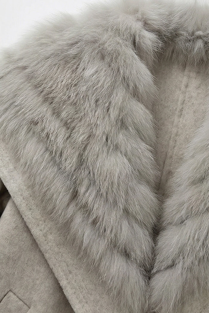 Women's Wool Coat | Oversized Fur Collar | Belted Beige Winter Overcoat | Steven & Levon