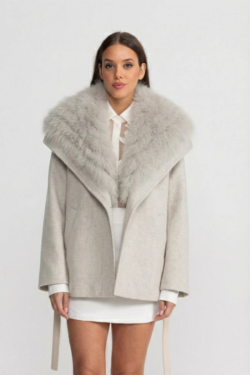 Women's Wool Coat | Oversized Fur Collar | Belted Beige Winter Overcoat | Steven & Levon