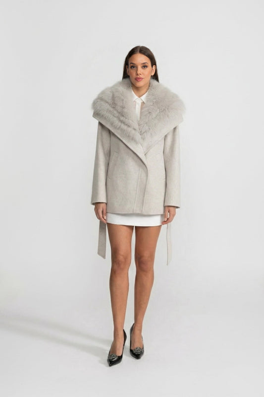 Women's Wool Coat | Oversized Fur Collar | Belted Beige Winter Overcoat | Steven & Levon