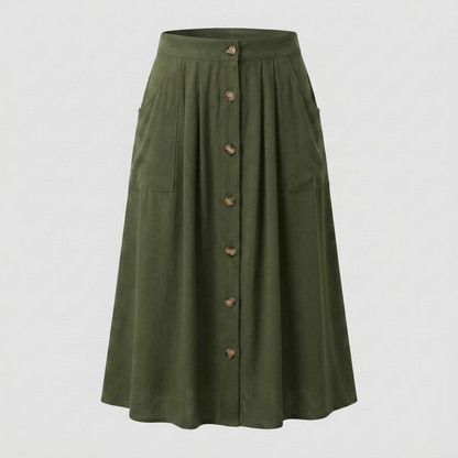 Button Front Midi Skirt | Women | Button-Front | Pockets | A-Line Everyday Skirt | Steven & Levon