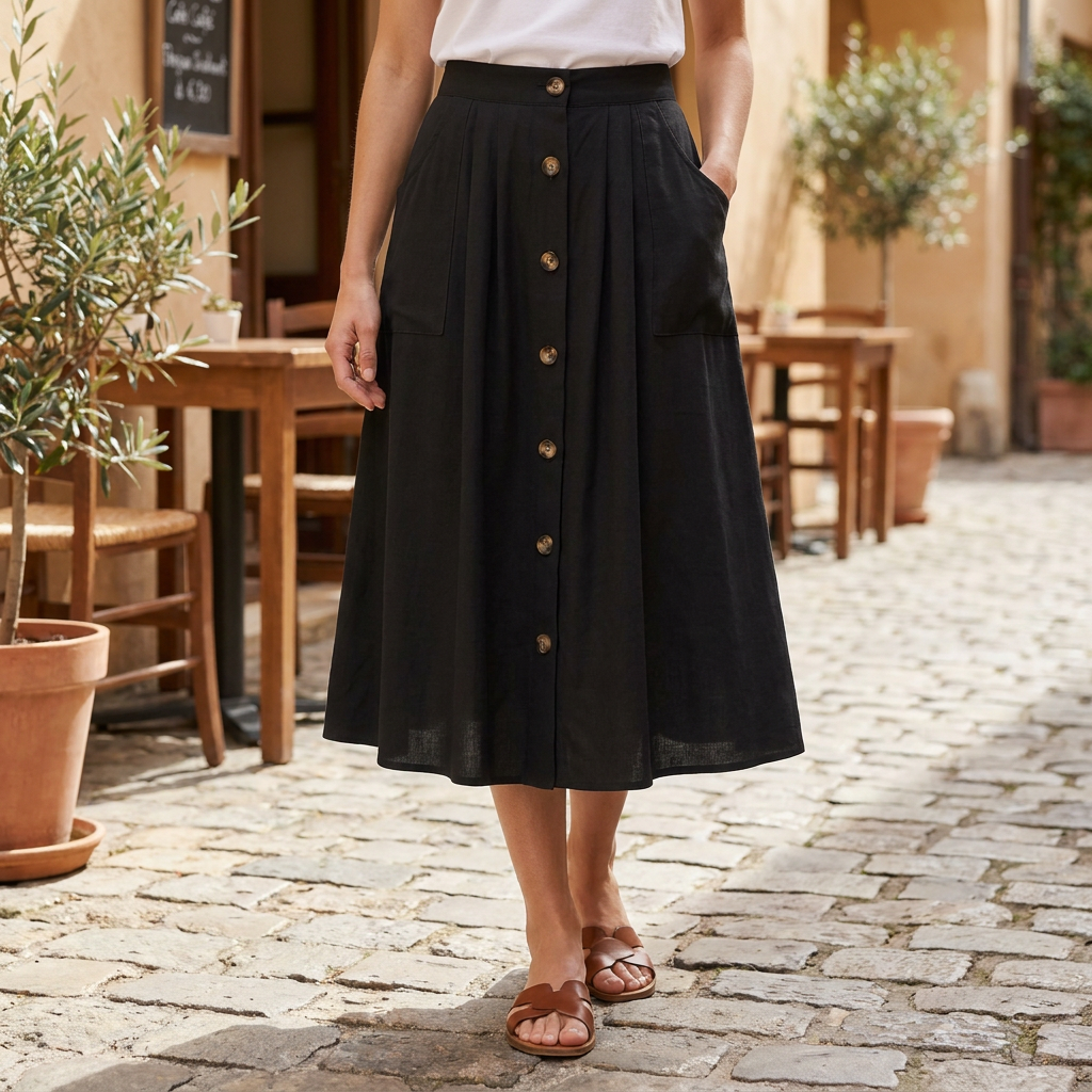 Button Front Midi Skirt | Women | Button-Front | Pockets | A-Line Everyday Skirt | Steven & Levon