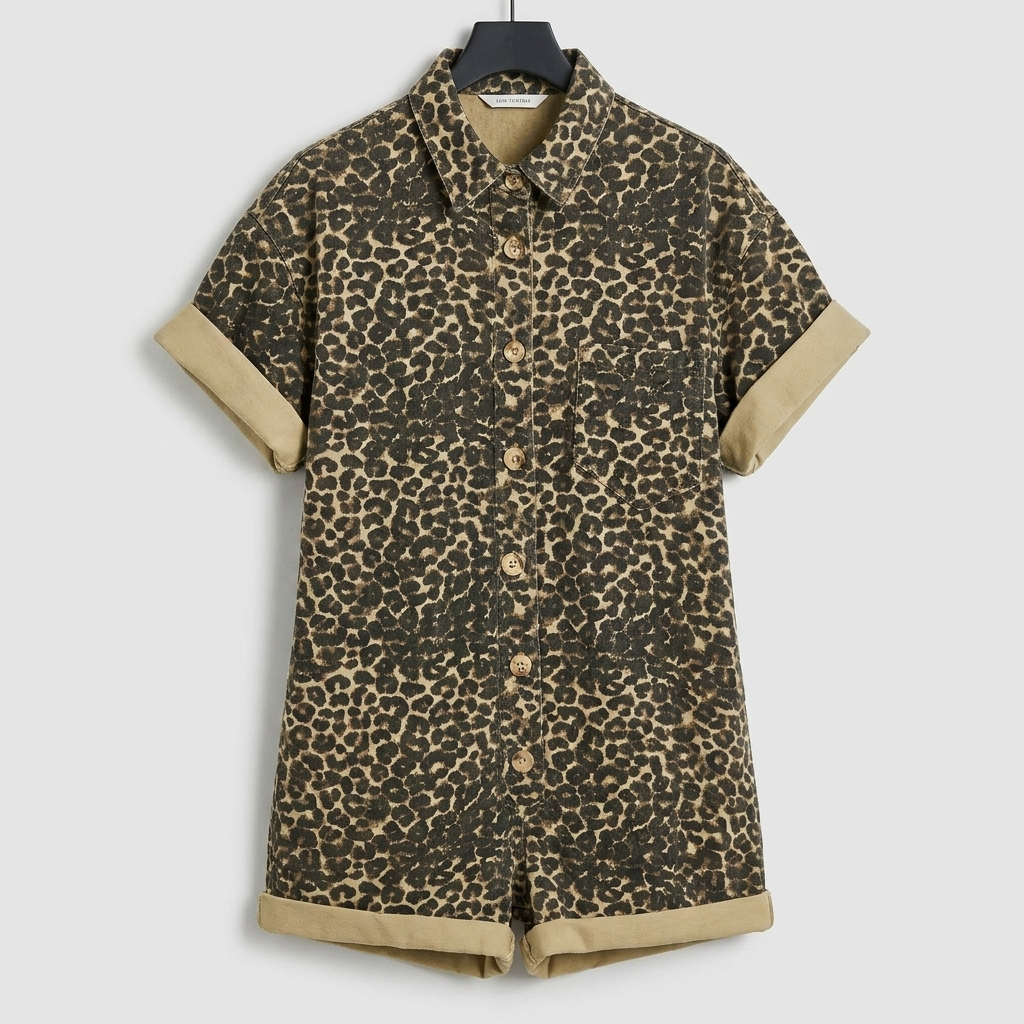 Animal Print Button-Up Romper | Cuffed Sleeve Button Front Playsuit | Casual Jumpsuit | Steven & Levon