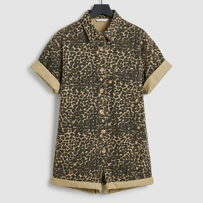 Animal Print Button-Up Romper | Cuffed Sleeve Button Front Playsuit | Casual Jumpsuit | Steven & Levon