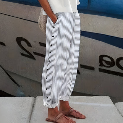 Striped Casual Pants | Women | Button Detail | Relaxed Fit | Everyday Trousers | Steven & Levon