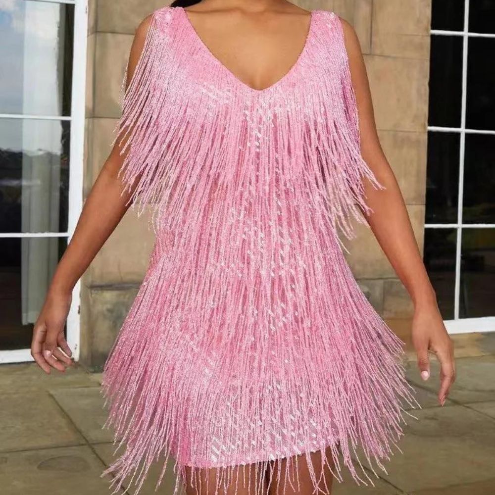 Party Mini Dress | Women’s Fringe Detail V Neck Mini Dress | Party Evening Wear | Steven & Levon