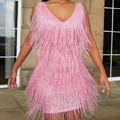 Party Mini Dress | Women’s Fringe Detail V Neck Mini Dress | Party Evening Wear | Steven & Levon