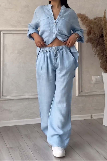 Women's Linen Blend Set | Long-Sleeve Shirt & Straight-Leg Trousers | Relaxed Fit | Steven & Levon