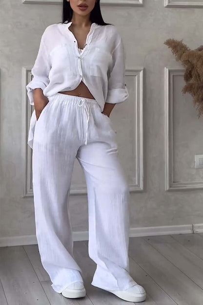 Women's Linen Blend Set | Long-Sleeve Shirt & Straight-Leg Trousers | Relaxed Fit | Steven & Levon