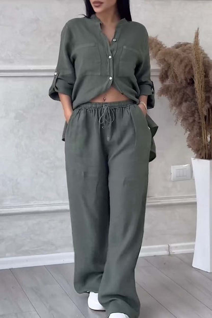 Women's Linen Blend Set | Long-Sleeve Shirt & Straight-Leg Trousers | Relaxed Fit | Steven & Levon