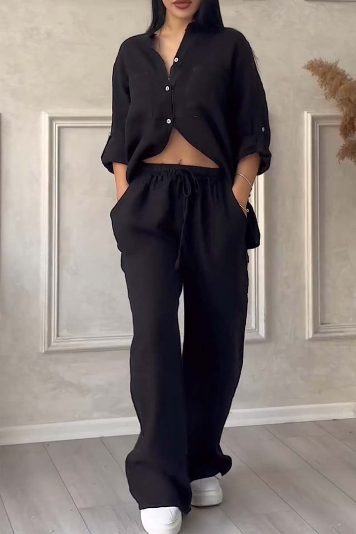Women's Linen Blend Set | Long-Sleeve Shirt & Straight-Leg Trousers | Relaxed Fit | Steven & Levon