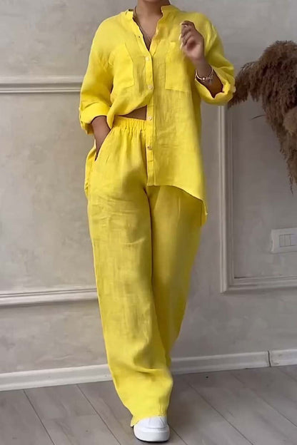 Women's Linen Blend Set | Long-Sleeve Shirt & Straight-Leg Trousers | Relaxed Fit | Steven & Levon