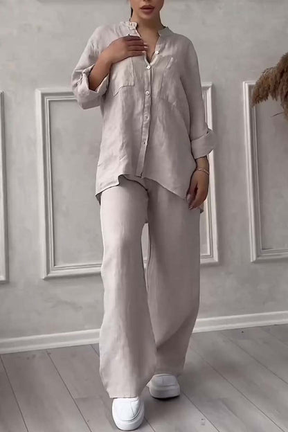 Women's Linen Blend Set | Long-Sleeve Shirt & Straight-Leg Trousers | Relaxed Fit | Steven & Levon